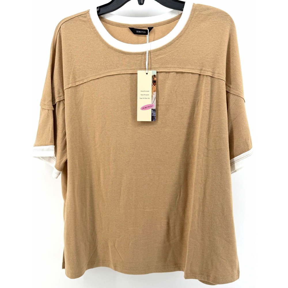 Dokotoo Women Tan/White Contrast Trim Knit Short Sleeve Crew Neck Tee Size M